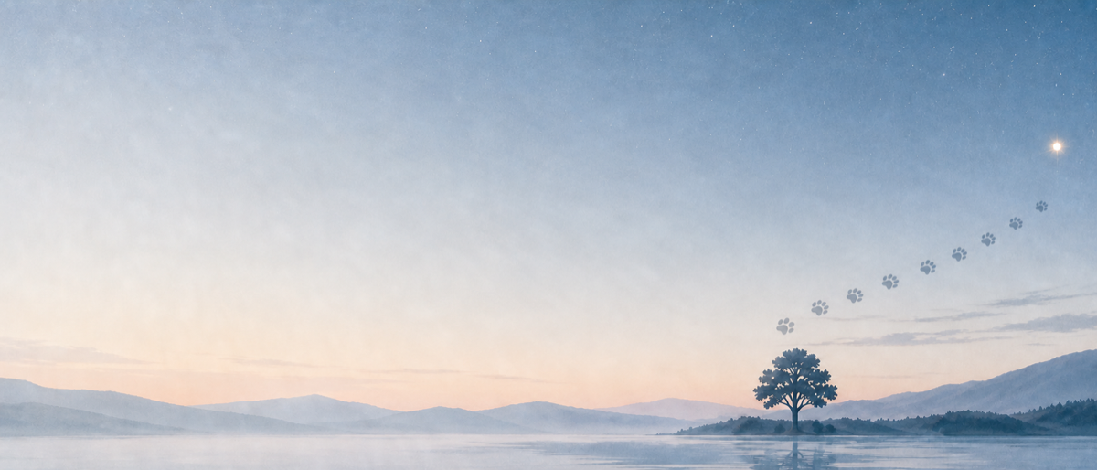 A watercolor landscape of a quiet lake and distant mountains, with paw prints leading toward a star.